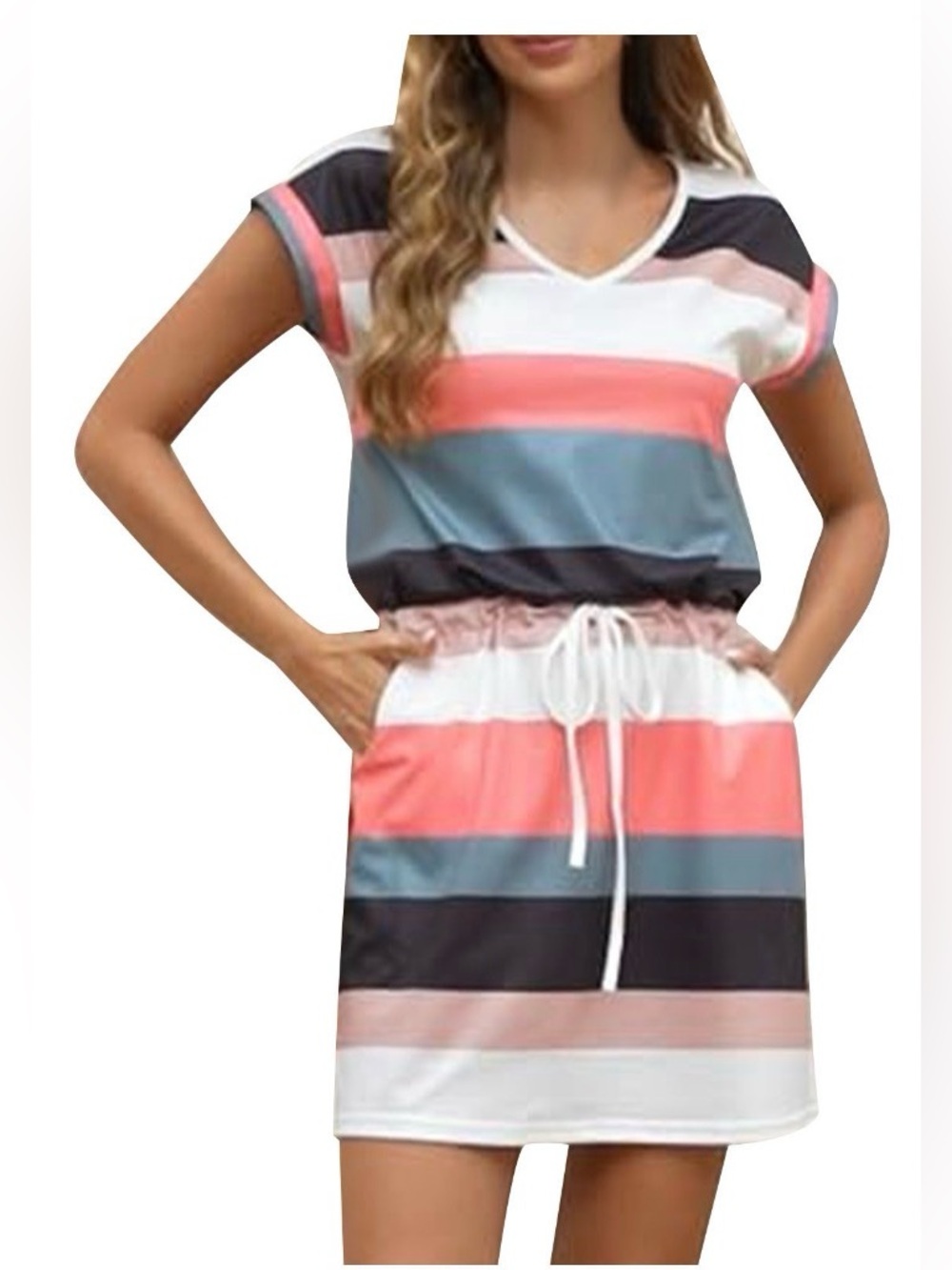 Brand New-Short Sleeve Elastic Waist Drawstring Dress with Pockets